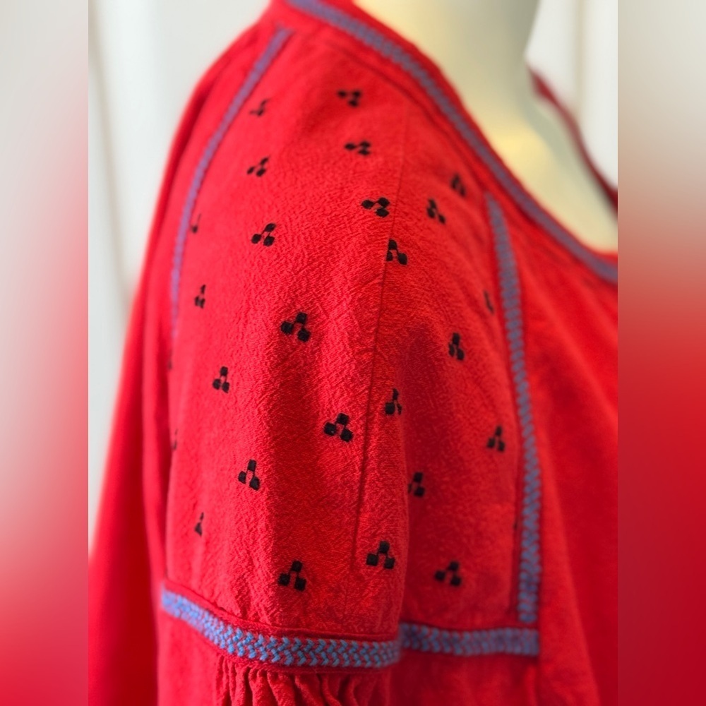 Free People Linen/Cotton Blend Vibrant Red Bohemian Jacket Blue Floral Accents L - Picture 6 of 15